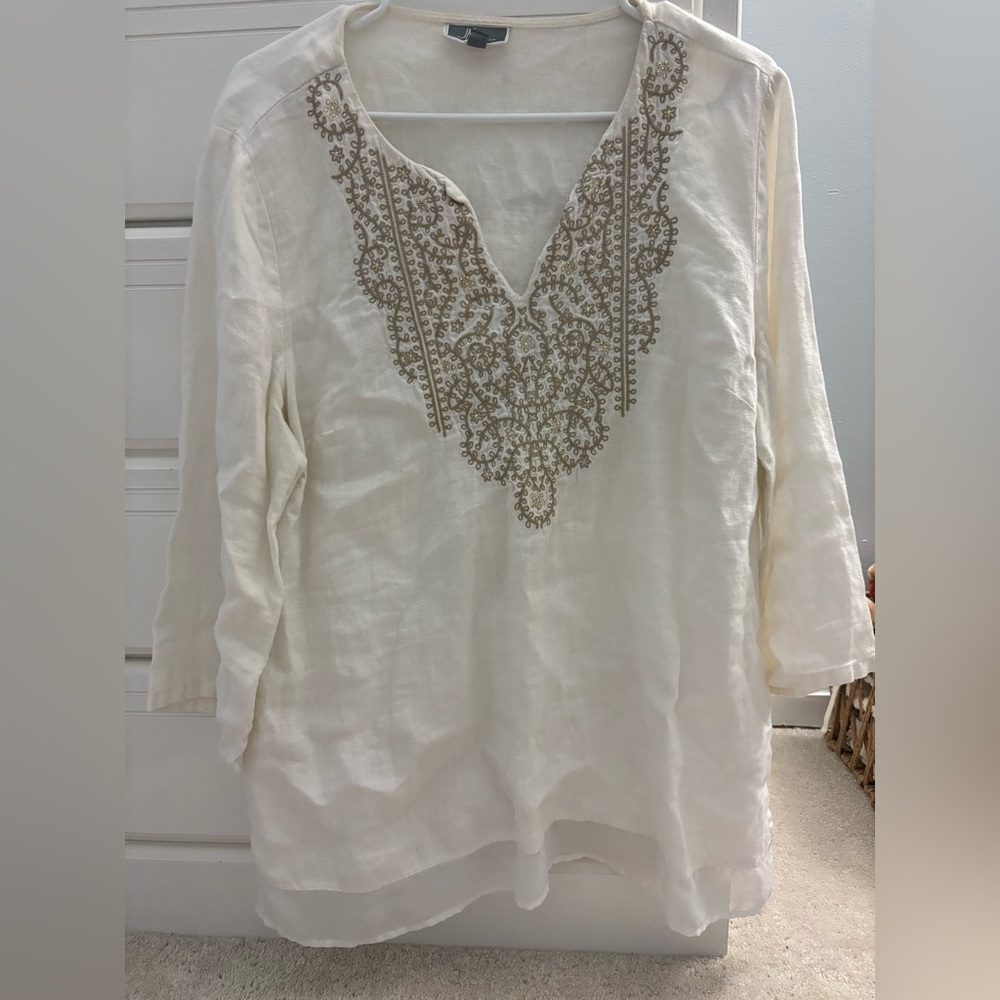 JM Collection Cream Blouse with Brown Embroidery